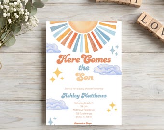 Invitación para baby shower "Aquí viene el hijo", temática del sol, plantilla editable (descarga digital)