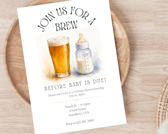 "Brew Before Baby is Due" (Prepara un cóctel antes de que llegue el bebé), invitación mixta para baby shower, fiesta de pañales, plantilla editable de Canva, descarga instantánea.