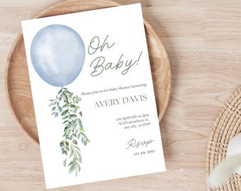 Boy baby shower invitation, balloon baby shower invitation, editable canva template