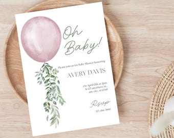 Girl baby shower invitation, pink balloon baby shower invitation, editable canva template