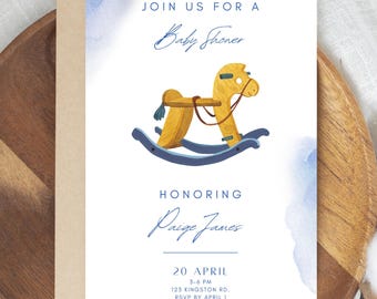 Inbjudan till babyshower med vintage gunghäst (digital nedladdning)