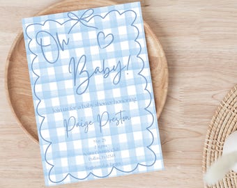 Boy Baby Shower Invitation, Gingham boy baby shower invite, editable canva template