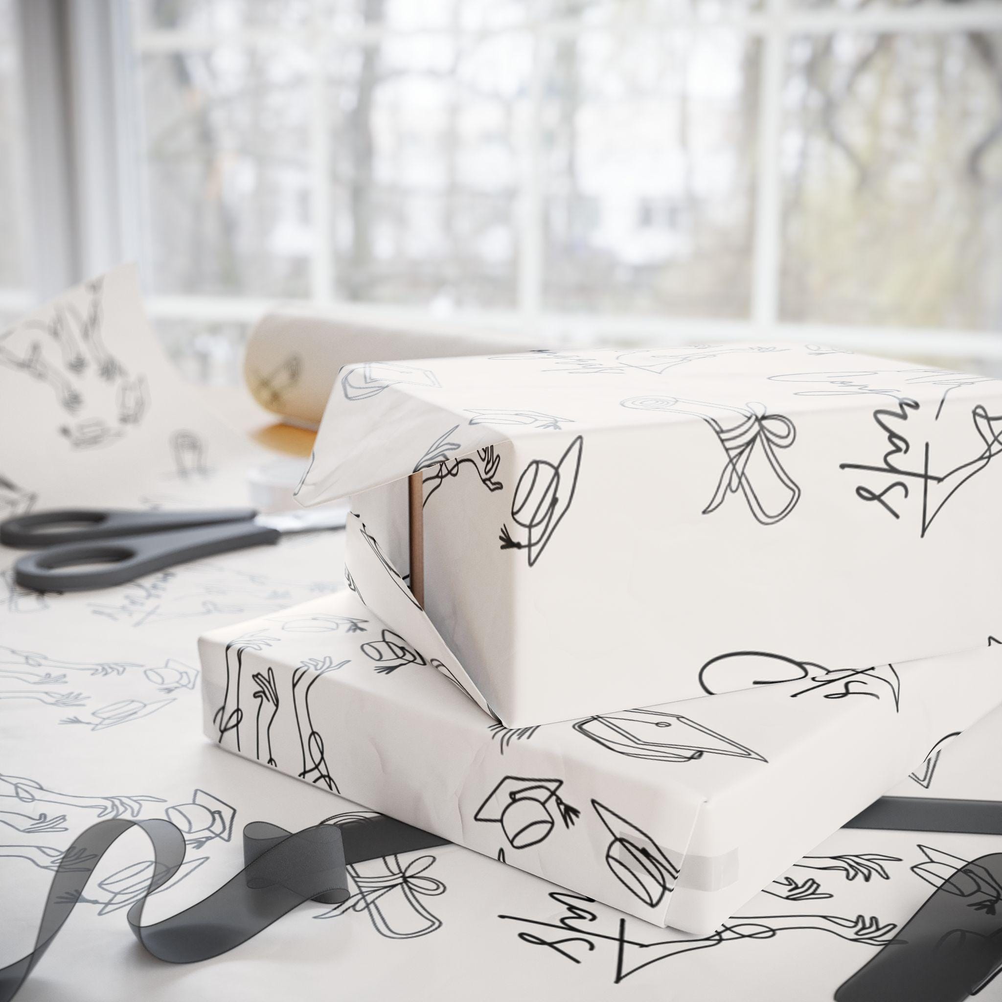 Graduation Cap & Diploma Line Drawing Wrapping Paper | Matte - Etsy