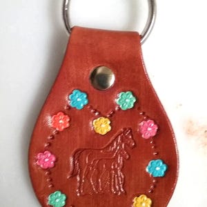 Leather Keychain with Horse and Flowers
