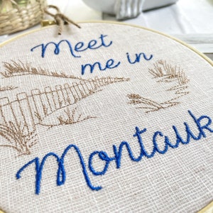 Meet Me in Montauk Art: Framed and finished needlepoint. Eternal Sunshine embroidery hoop art for coastal wall decor in beach or lake house