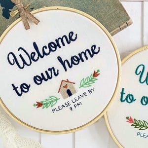 Please Leave By 9 pm: Embroidery Finished & Framed. Funny Welcome Sign for Housewarming Introvert Gift. Snarky Cross Stitch Completed.