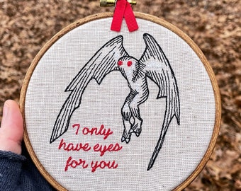 Mothman Embroidered Wall Art: 'I Only Have Eyes for You'. Unique romantic and fun gift for him or her. Framed needlepoint cryptidcore decor