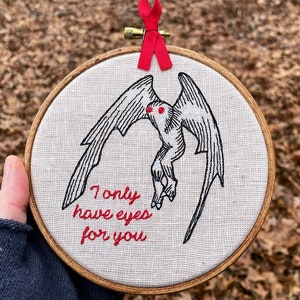Mothman Embroidered Wall Art: 'I Only Have Eyes for You'. Unique romantic and fun gift for him or her. Framed needlepoint cryptidcore decor image 1