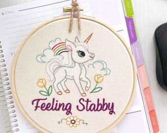 Feeling Stabby: Funny Unicorn Finished Embroidery Art, Snarky Cubicle or Desk Accessory, Small Subversive Cross Stitch Completed, Handmade