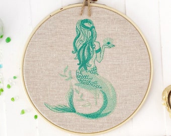 Magical Mermaid: Embroidery Hoop Art Finished & Framed. Teal greens on linen ocean themed needlepoint. Coastal decoration with beach vibes.