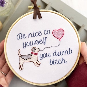 Be Nice to Yourself, You Dumb Bitch: Funny needlepoint finished & framed. Inappropriate embroidered wall decor. Subversive cross stitch gift