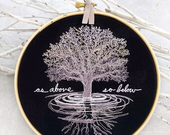 As Above So Below Wall Art: Framed embroidery hoop art. Black & silver occult decoration. Handmade pagan decor for partner or witchy friend.