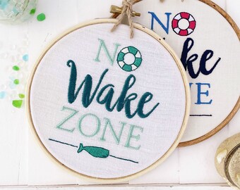 No Wake Zone Nursery Sign: Finished needlepoint for nautical nursery decor. Funny napping time embroidery hoop art.