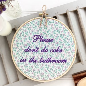Please Don&#39;t Do Coke in the Bathroom Sign: Funny embroidery hoop art finished & framed. Snarky needlepoint for subversive restroom decor.