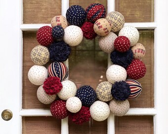 Americana Wreath for Front Door: Large patriotic wreath of red white & blue vintage fabric covered balls. Unique classy 4th of July Decor.