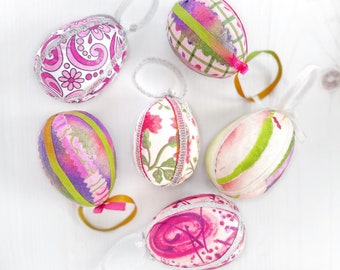 Set of Six Handmade Easter Egg Ornaments for Tree, Bowl Fillers, or Spring Tiered Tray Decor. 6 Lightweight fabric decoupaged eggs.