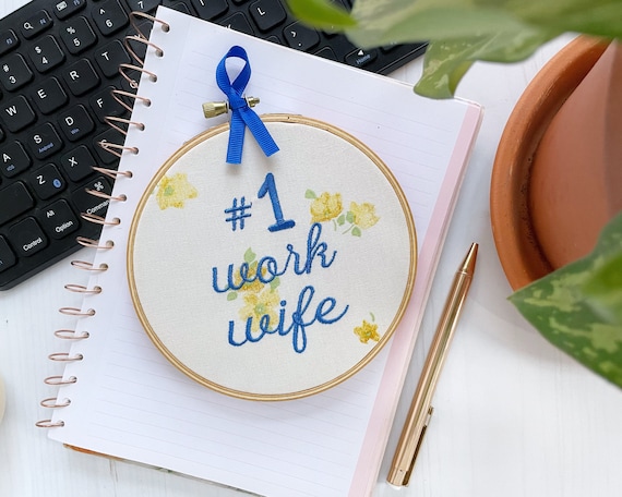 No. 1 Work Wife Funny Coworker Gift: Framed Embroidery Hoop Art, Cute Office Decor for Best Work Friend or Coworker