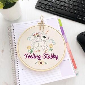 Feeling Stabby: Funny Unicorn Finished Embroidery Art, Snarky Cubicle or Desk Accessory, Small Subversive Cross Stitch Completed, Handmade image 8