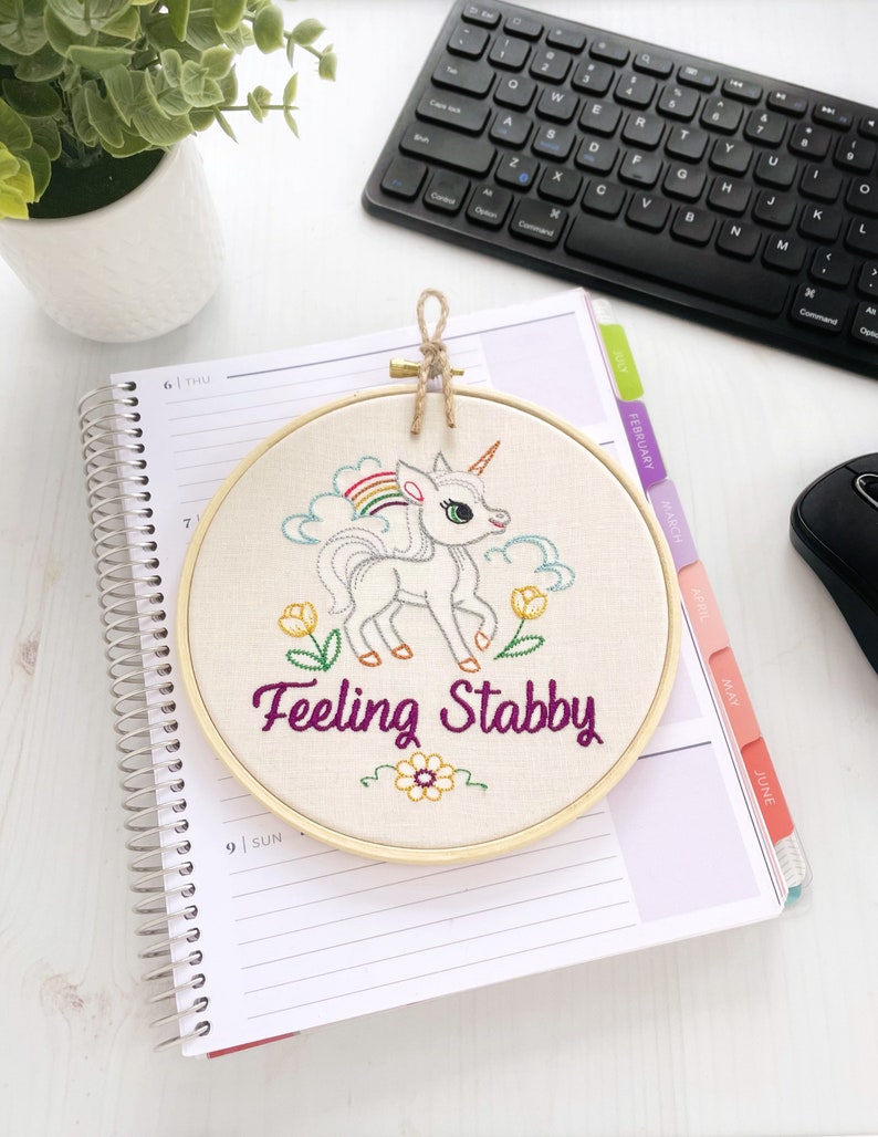 Feeling Stabby: Funny Unicorn Finished Embroidery Art, Snarky Cubicle or Desk Accessory, Small Subversive Cross Stitch Completed, Handmade image 8