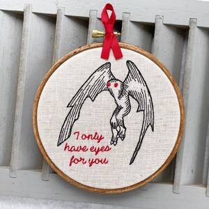 Mothman Embroidered Wall Art: 'I Only Have Eyes for You'. Unique romantic and fun gift for him or her. Framed needlepoint cryptidcore decor image 3