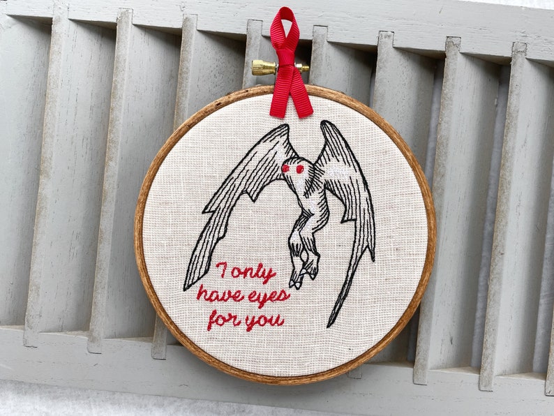 Mothman Embroidered Wall Art: 'I Only Have Eyes for You'. Unique romantic and fun gift for him or her. Framed needlepoint cryptidcore decor image 3