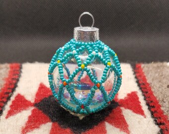 Small Hand Beaded Christmas Ornament - Turquoise and Fire Colors