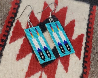 Hand Beaded Feather and Leather Earrings - Turquoise and Fire Colors