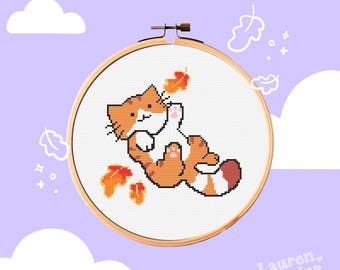 Cinnamon the Cozy Fall Cat Cross Stitch Pattern PDF | Cozy Fall Kitty Embroidery Design for Halloween & Autumn Decor