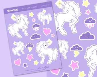 Feuille d'autocollants licorne, autocollants mignons de licorne, feuille d'autocollants, autocollants de journal, licorne kawaii