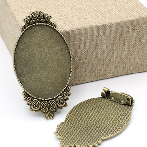 Antique Silver/Antique Bronze/Black Handmade Oval Rose Flower Brooch/Pin/Breast Pin,Base Setting Tray Bezel,Fit 30mmx40mm Cabochon Cameo