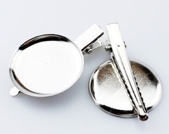 Silver tone Prong Hair Clips,Round 23.5mm Cabochon Base Setting,Backside Alligator Clip,DIY Accessory Jewelry Making