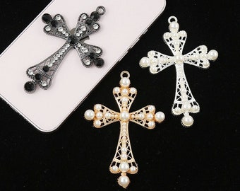 60mmx90mm Large Heavy Good Quality Antique Silver/Gunmetal/KC Golden Cross Pendant Charm Finding,dotted 35pcs Rhinestone,DIY Accessory