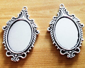 Double Same Side--Antique Silver tone Oval  Base Setting Tray Bezel Pendant Charm,fit 18mmx25mm Cabochon/Picture/Cameo,DIY Accessory Jewelry