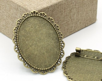 Antique Silver/Bronze/Gold Handmade Oval Flower Lace Border Brooch/Pin/Breast Pin,Base Setting Tray Bezel,Fit 30mmx40mm Cabochon Cameo