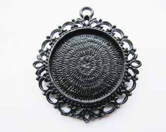 chs5870 10 BLACK Flat Round Charms Perforated Filigree Findings 25mm