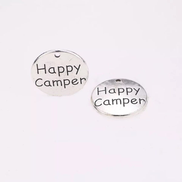 25mm Antique Silver tone Round Letter"Happy Camper" Pendant Charm/Finding,DIY Accessory Jewellery Making