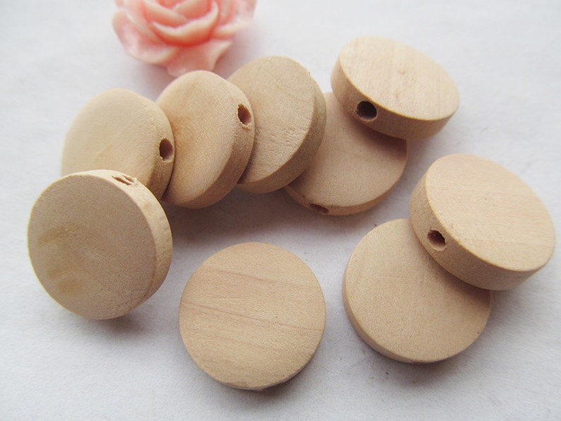 15mm Unfinished Thick Flat Circle Round Discs Natural Wood Spacer Beads Pendant Charm Findings,Hole through,DIY Accessory image 2