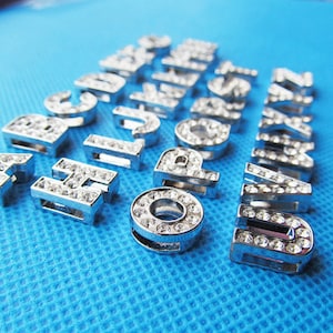 8mm Silver tone Capital Letter Slider Spacer Beads Pendant Charm/Finding,Dotted Around Rhinestone,for Bracelet & Necklace