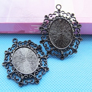 37mmx48.80mm Large Heavy Black Oval Frame Base Setting Bezel Tray Pendant Charm/Finding,Hollow Flower Border,fit 19mmx25mm Cabochon /Cameo