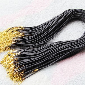 2mm 17-18inch Adjustable Black Waxed Cotton Necklace Cord String Rope,1.8inch Golden Extender Chain,12x7mm Golden Lobster Clasp,DIY Cord