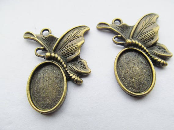 Antique Silver toneAntique Bronze Butterfly Oval Base Setting Tray Bezel Pendant CharmFinding,Fit 10mmx14mm CabochonPictureCameo Findings Jewelry Making & Beading