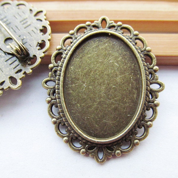 Antique Silver/Antique Bronze Handmade Oval Lace Border Brooch/Pin/Breast Pin,Base Setting Tray Bezel,Fit 18mmx25mm Cabochon/Picture/Cameo