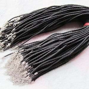 18inch 3mm Black Frosted Faux Braid Leather Necklace Cord,Beading String,Leather Rope,1.8inch Extender Chain,12mmx7mm Lobster Clasp,DIY