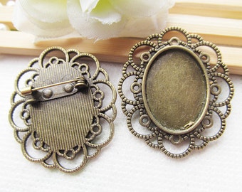 Antique Silver tone/ Bronze Handmade Oval Lace Border Brooch/Pin/Breast Pin,Base Setting Tray Bezel ,Fit 18mmx25mm Cabochon/Picture/Cameo