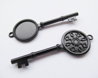 Heavy Black Filigree Key Pendant Charm/Finding,Round Base Setting Tray,Fit 20mm Cabochon/ Picture/Cameo,DIY Accessory Jewelry Making
