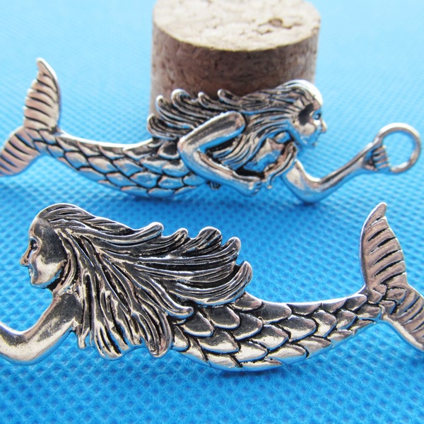 Double Same Side-20mmx72mm Antique Silver tone Mermaid Fish Pendant Connector Charm/Finding,DIY Accessory Jewelry Making