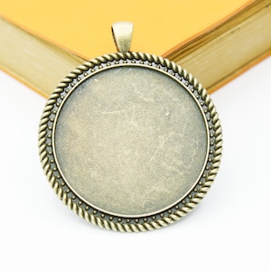 Large Heavy 3 Colors Antique Silver/Bronze Twist Border Base Setting Tray Bezel Pendant Charm,fit 40mm Cabochon/Cameo,Big Bail Hook