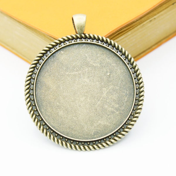 Large Heavy Antique Silver/Antique Bronze Twist Border Base Setting Tray Bezel Pendant Charm/Finding,fit 40mm Cabochon/Cameo,Big Bail Hook