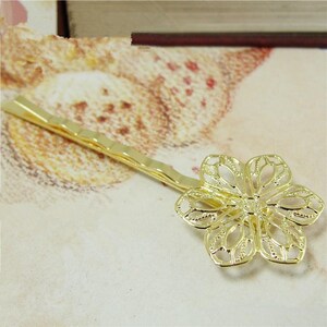 3 Colors---22mmx64.42mm Vintage Antique bronze/Dark Silver tone/Gold Filigree Six Petal Flower Bobby Hair Pin Clip Charm,fit Cabochon/Cameo Gold