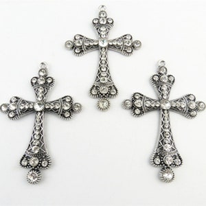 71.56mmx102.06mm Large Heavy Good Quality Antique Silver tone Cross Pendant Charm Finding,dotted 35pcs White Rhinestone,DIY Accessory